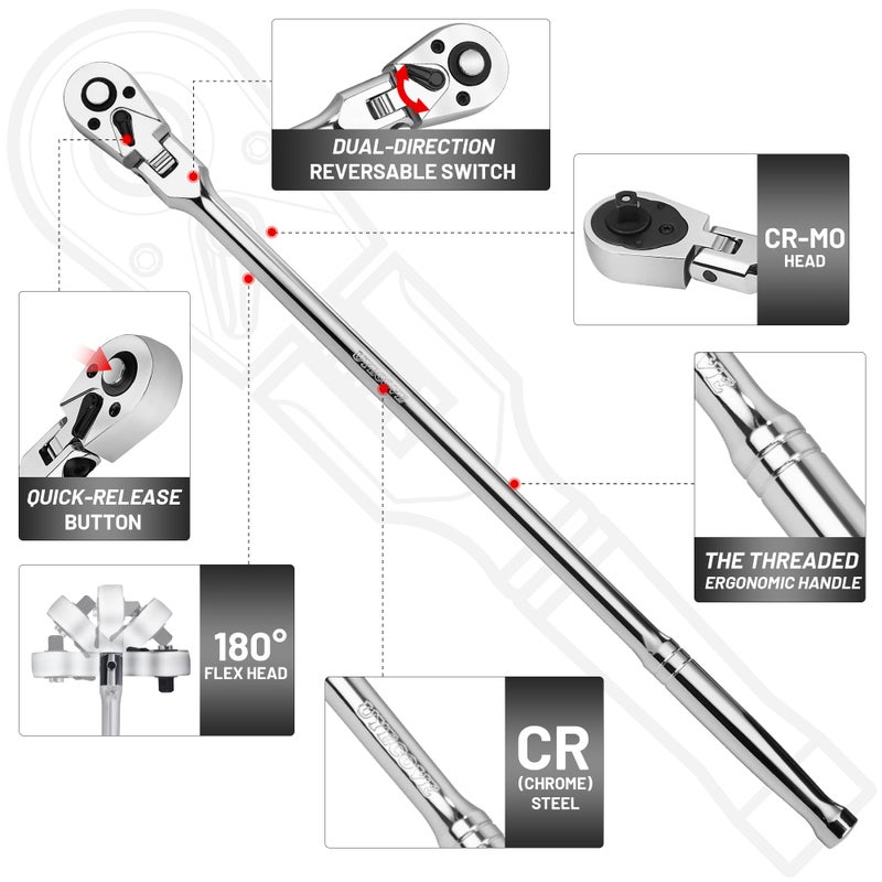 UYECOVE 3/8-Inch Drive Flex Head Ratchet With Long Handle - 72 Tooth Quick Release Swivel Socket Wrench - Cr-Mo Head, Flexible Handle - 18/457mm - Image 2
