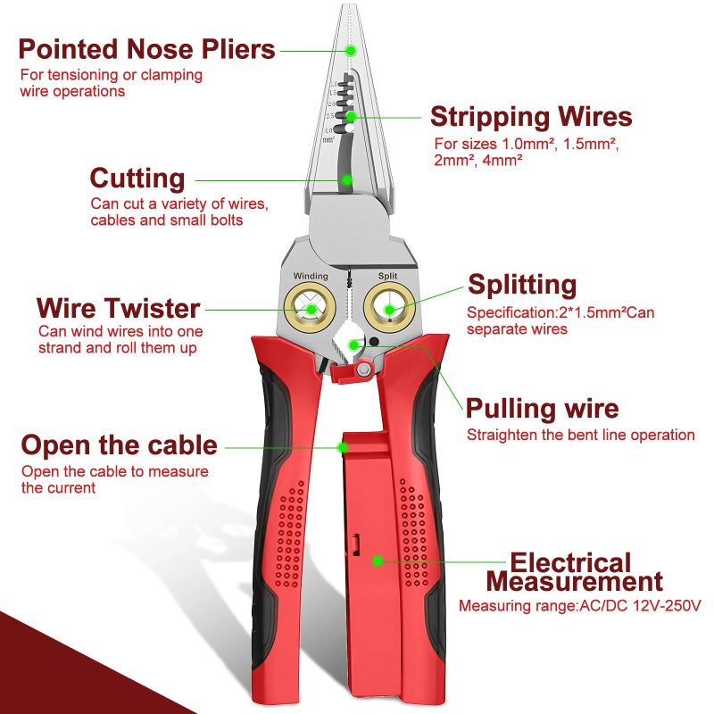 GADO Pro 8-in-1 Wire Stripper/Cutter with Voltage Tester & Dual Alarms - Heavy Duty 12-250V AC/DC Electrical Tester for Hot/Neutral Wires - Electrician, HVAC, Car Repair Tool (Red) - Image 5