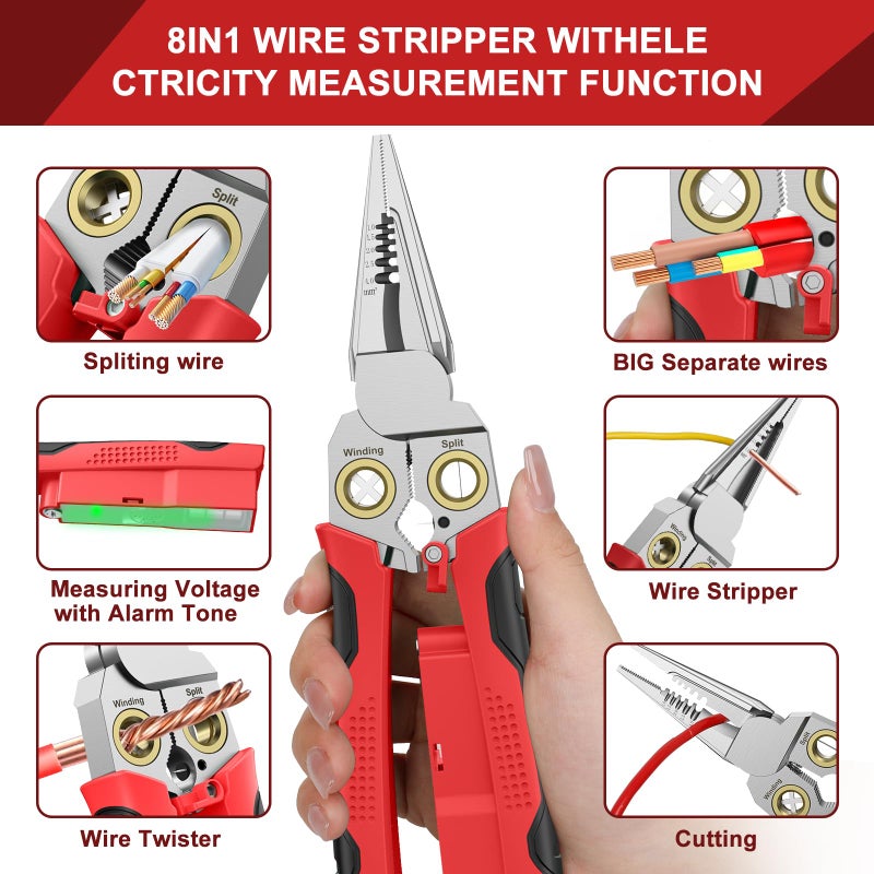 GADO Pro 8-in-1 Wire Stripper/Cutter with Voltage Tester & Dual Alarms - Heavy Duty 12-250V AC/DC Electrical Tester for Hot/Neutral Wires - Electrician, HVAC, Car Repair Tool (Red) - Image 2