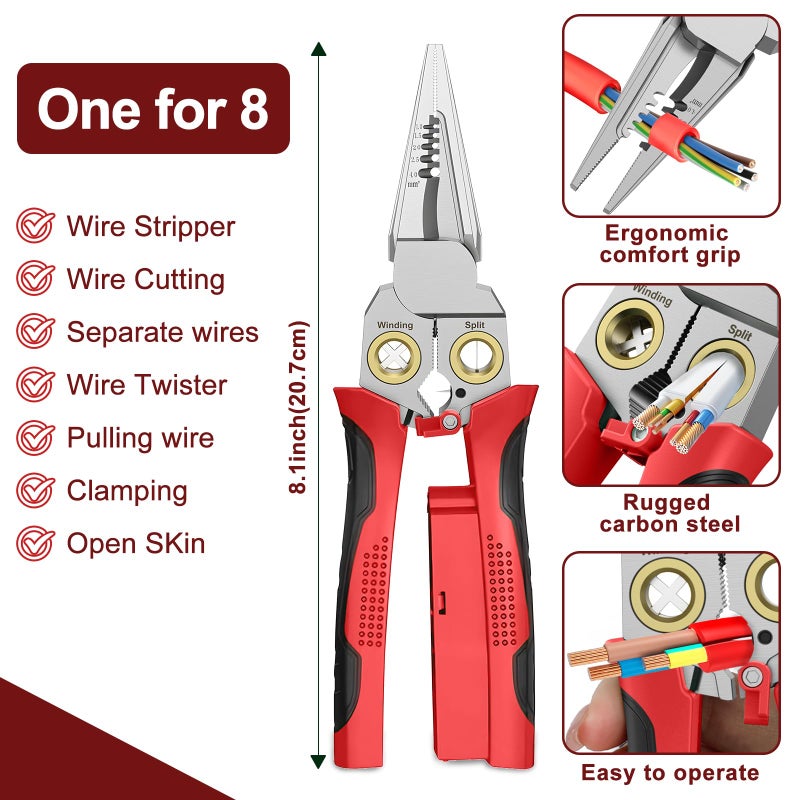 GADO Pro 8-in-1 Wire Stripper/Cutter with Voltage Tester & Dual Alarms - Heavy Duty 12-250V AC/DC Electrical Tester for Hot/Neutral Wires - Electrician, HVAC, Car Repair Tool (Red) - Image 3