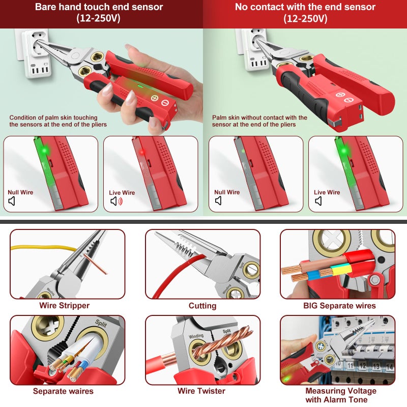 GADO Pro 8-in-1 Wire Stripper/Cutter with Voltage Tester & Dual Alarms - Heavy Duty 12-250V AC/DC Electrical Tester for Hot/Neutral Wires - Electrician, HVAC, Car Repair Tool (Red) - Image 4