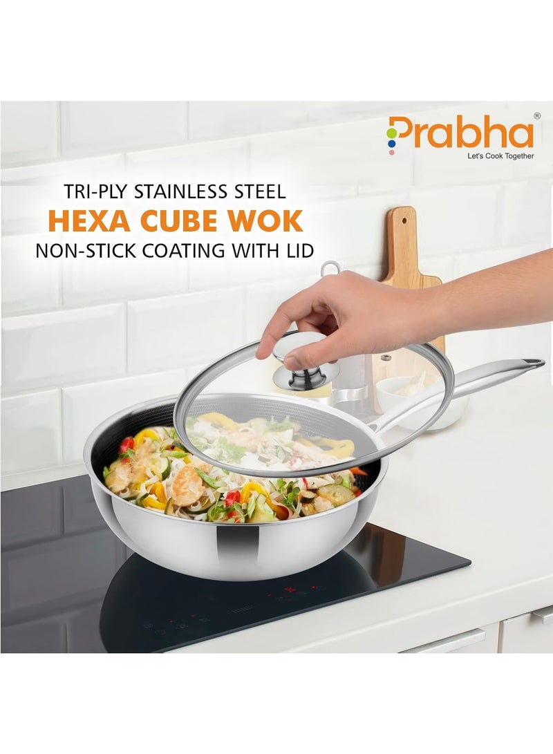 Prabha Tri-Ply Wok Fry Pan with Glass Lid 2.2 Litre | Stainless Steel Hexa Cube FryWok 22cm | FryPan Nonstick/Induction & Gas | Wok for Chinese Cooking | Cookware Deep Kadai Long Handle Steel - Image 4
