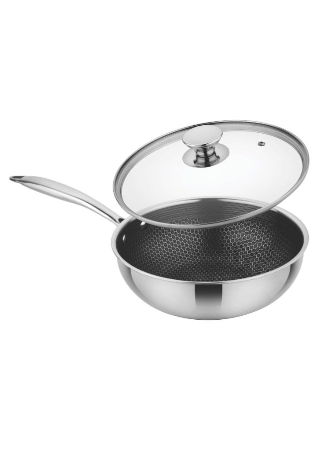 Prabha Tri-Ply Wok Fry Pan with Glass Lid 2.2 Litre | Stainless Steel Hexa Cube FryWok 22cm | FryPan Nonstick/Induction & Gas | Wok for Chinese Cooking | Cookware Deep Kadai Long Handle Steel - Image 2