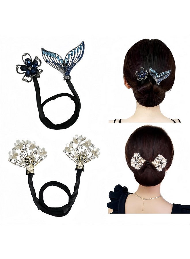 MAKABEE Rhinestone Flower Hair Clip,Lazy Hair Curler Deft Bun Maker,French 2pcs Twist Bun Hairstyle Shaper,Elegant Lazy Hair Curler Bun Clips Deft Twister - Image 1