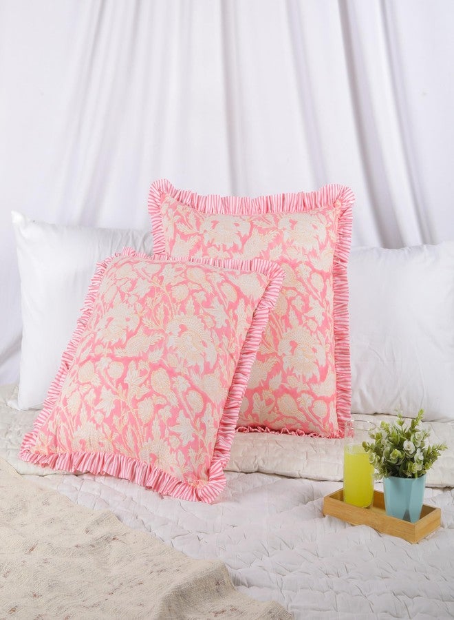 Trade Star Set of 2 Hand Block Print Throw Pillowcase 100% Soft Cotton Ruffle Cushion Cover Handmade Reversible Farmhouse PiIlow Cover Premium Quality Decorative Cushion Case (Pattern-1, 18"X18") - Image 1