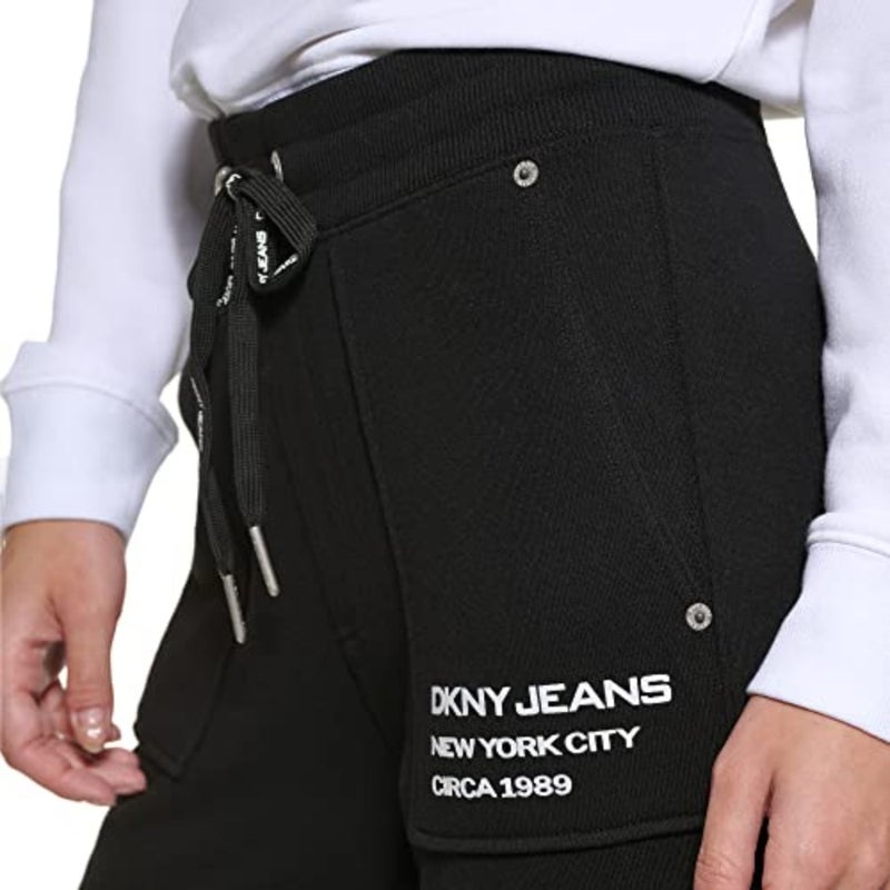 Casual mid-rise joggers for women, cotton blend fabric, black color, drawstring waist with logo detail - Image 5