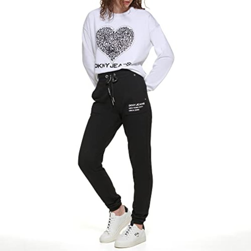 Casual mid-rise joggers for women, cotton blend fabric, black color, drawstring waist with logo detail - Image 2