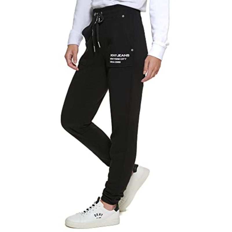 Casual mid-rise joggers for women, cotton blend fabric, black color, drawstring waist with logo detail - Image 3