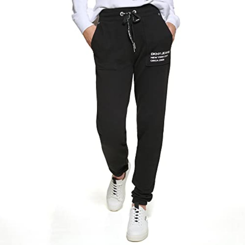 Casual mid-rise joggers for women, cotton blend fabric, black color, drawstring waist with logo detail - Image 1