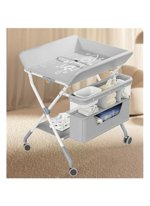 Portable Folding Changing Table, Baby Changing Table with Double Layer Storage Basket, Height Adjustable Changing Table, Mobile Nursery Organizer for Newborn Infant