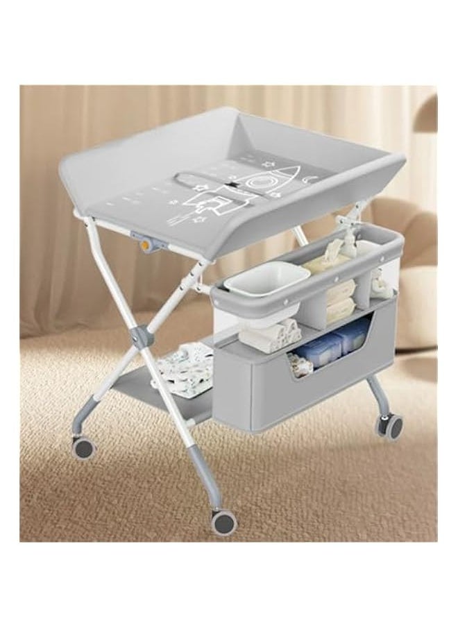 TRASSLE Portable Folding Changing Table, Baby Changing Table with Double Layer Storage Basket, Height Adjustable Changing Table, Mobile Nursery Organizer for Newborn Infant  - Image 1