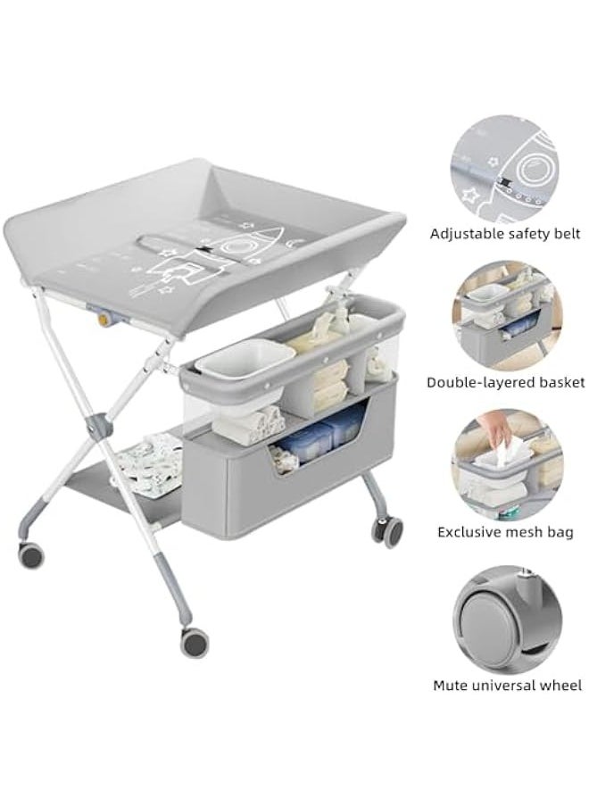 TRASSLE Portable Folding Changing Table, Baby Changing Table with Double Layer Storage Basket, Height Adjustable Changing Table, Mobile Nursery Organizer for Newborn Infant  - Image 2