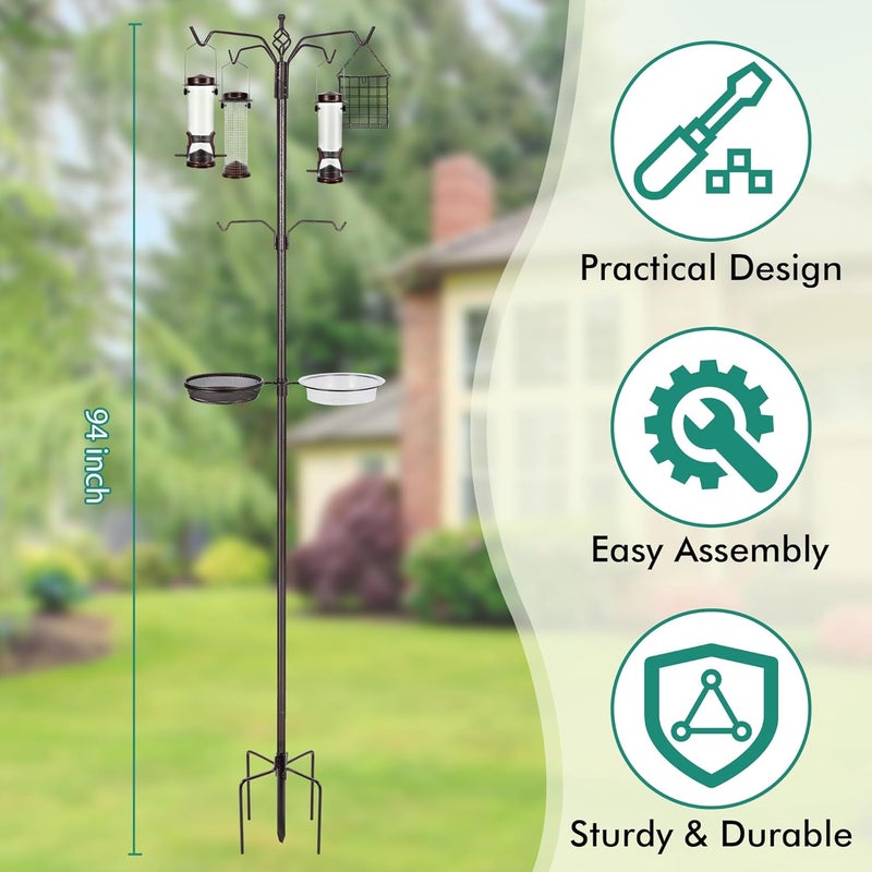 YINGYM Bird Feeding Station Kit, 94 Inch Bird Feeder Pole Stand for Outdoors Hanging with 4 Feeders, Metal Suet and Bath Tray for Wild Birds Watching - Image 2