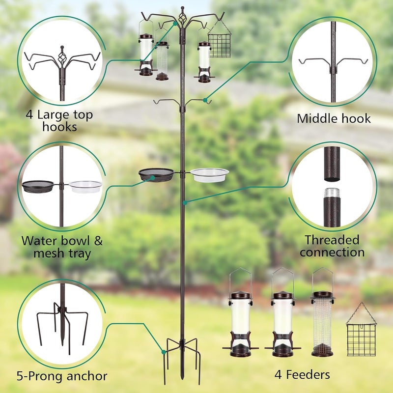 YINGYM Bird Feeding Station Kit, 94 Inch Bird Feeder Pole Stand for Outdoors Hanging with 4 Feeders, Metal Suet and Bath Tray for Wild Birds Watching - Image 3