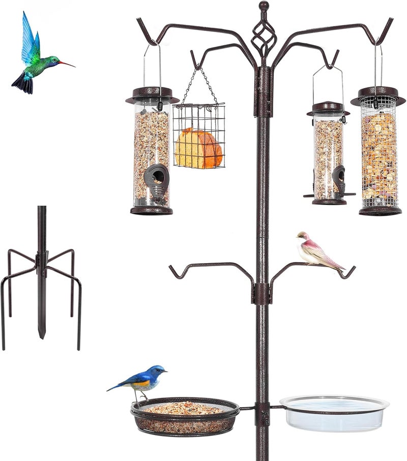 YINGYM Bird Feeding Station Kit, 94 Inch Bird Feeder Pole Stand for Outdoors Hanging with 4 Feeders, Metal Suet and Bath Tray for Wild Birds Watching - Image 1