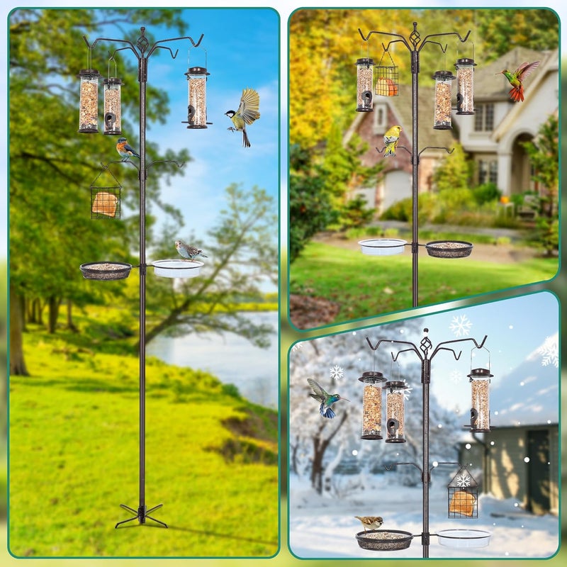 YINGYM Bird Feeding Station Kit, 94 Inch Bird Feeder Pole Stand for Outdoors Hanging with 4 Feeders, Metal Suet and Bath Tray for Wild Birds Watching - Image 4