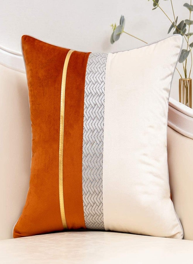 Yangest Burnt Orange Patchwork Velvet Throw Pillow Cover with Gold Striped Leather Cushion Case Modern Luxury Pillowcase for Sofa Couch Bedroom Living Room Home Decor,18"x18" - Image 1