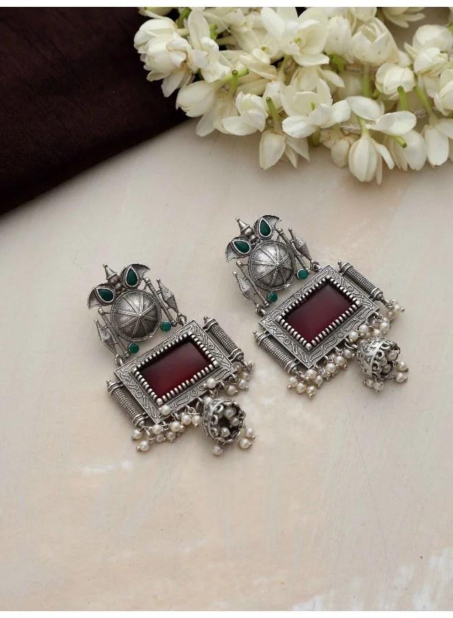 trueBrowns Silver Tone Red Stone Dangle Earrings