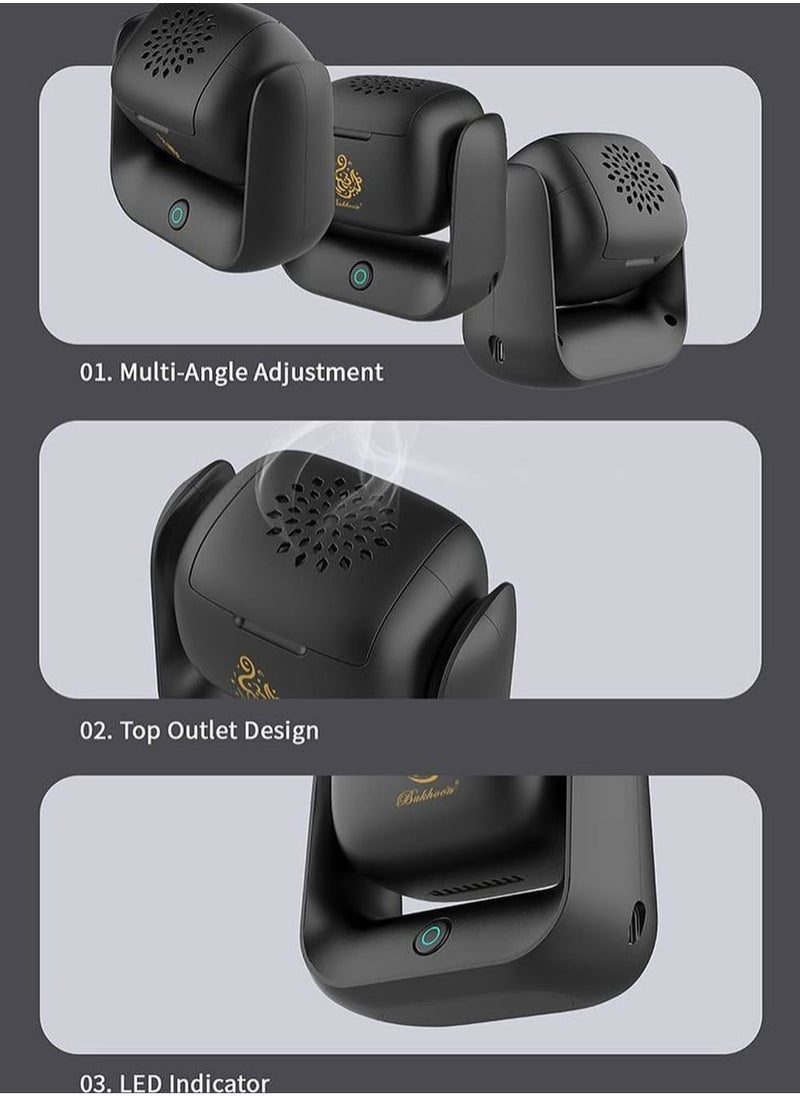 Bukhoon موقد بخور كهربائي دوار حديث مع بطارية 1500 مللي أمبير - قابل للشحن عبر Type-C، تسخين سريع بدرجة حرارة 700°C - دورة احتراق تلقائية لمدة دقيقتين، مؤشر LED، دوران 90° - موقد بخور عود أنيق للاستخدام في المنزل، السيارة والسفر - Image 5