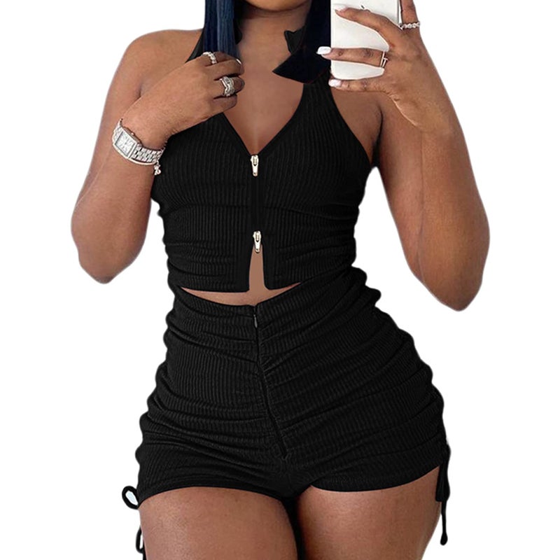 PYAEAS Summer Two Piece Outfits for Women, Casual Stretchy Ribbed Tank Crop Top Drawstring Ruched Shorts Set Workout Tracksuits (Black Zipper,M) - Image 1