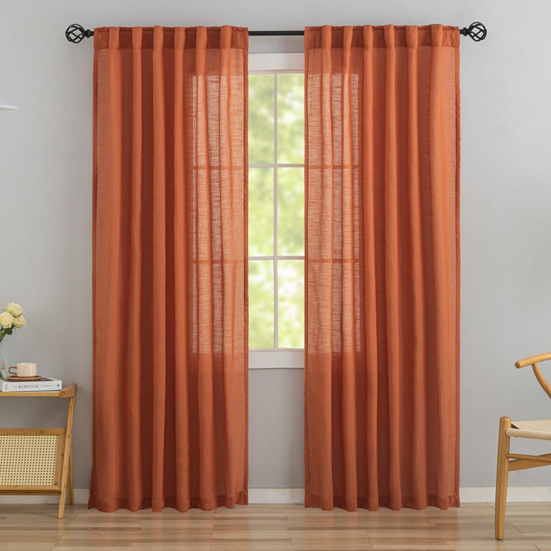 DONREN Burnt Orange Linen Back Tab Curtains 84 Inches Long 2 Panels Set for Bedroom,Pumpkin Hallowmas Day Home Decoration Hooks Belt Pleated Semi Privacy Drapes Light Filtering Window Curtains,Rust,W52 x L84 - Image 1