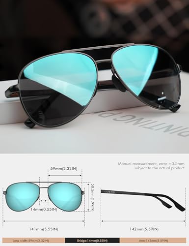 LUENX Aviator Sunglasses for Men Women Polarized - UV400 Protection, Classic Metal Frame, Anti-Glare Light Blue Mirrored Lens, Lightweight Stylish Eyewear for Driving & Outdoor Activities 59mm - Image 2