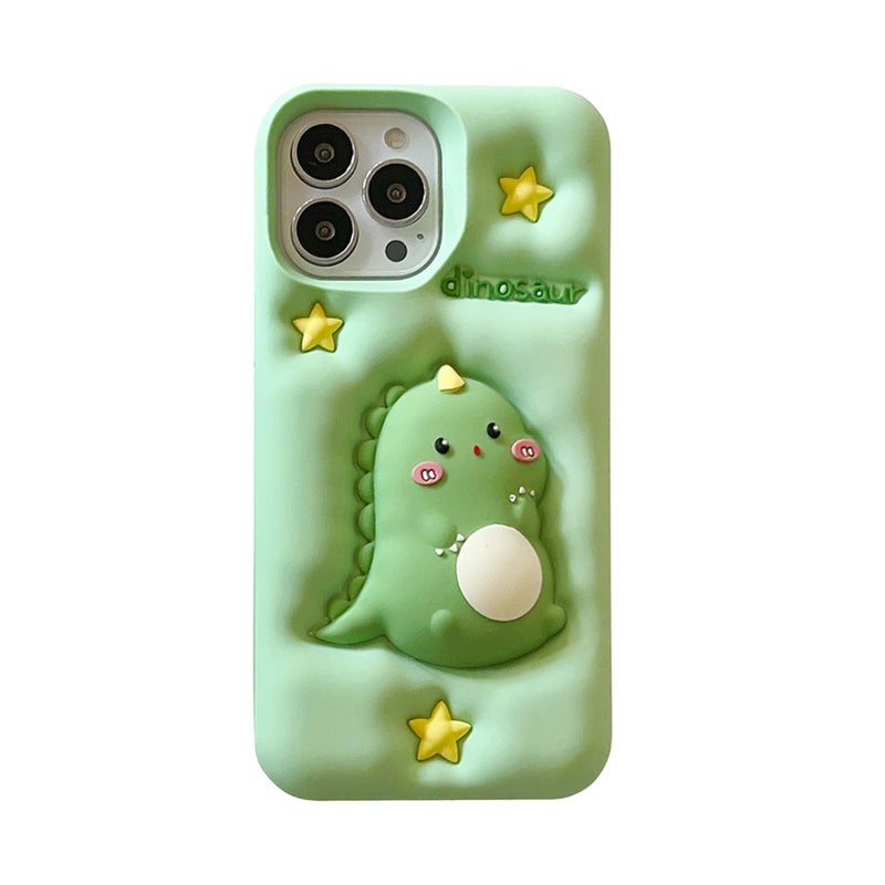 QoKcoahn Dinosaur Case Compatible with iPhone 16Cute 3D Cartoon Green Dinosaur Decompression Funny Kawaii Soft Silicone Gel Drop Protection Cover for Women Girls - Image 2
