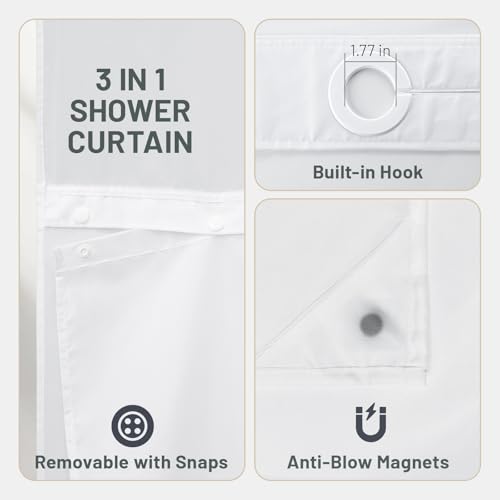 WITHLOC No Hook Shower Curtain with Snap in Liner - Fabric Waterproof Inner Liner, Plants Blue Floral Grey Nature Birds Cloth Shower Curtains Washable, 71 x 74 Inch - Image 5