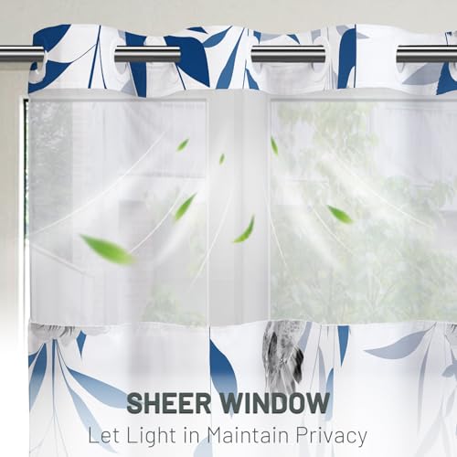 WITHLOC No Hook Shower Curtain with Snap in Liner - Fabric Waterproof Inner Liner, Plants Blue Floral Grey Nature Birds Cloth Shower Curtains Washable, 71 x 74 Inch - Image 2