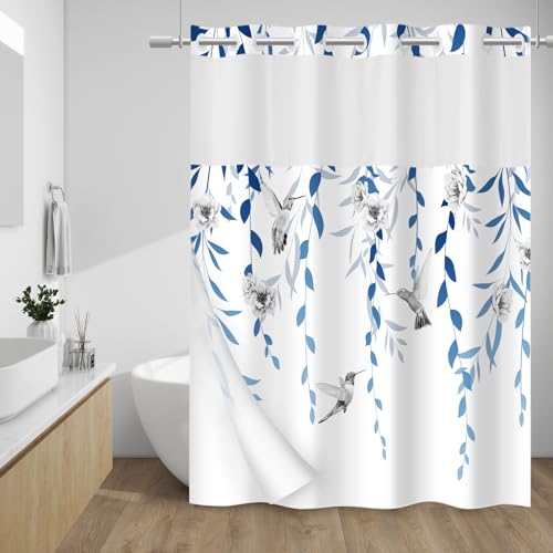 WITHLOC No Hook Shower Curtain with Snap in Liner - Fabric Waterproof Inner Liner, Plants Blue Floral Grey Nature Birds Cloth Shower Curtains Washable, 71 x 74 Inch - Image 1