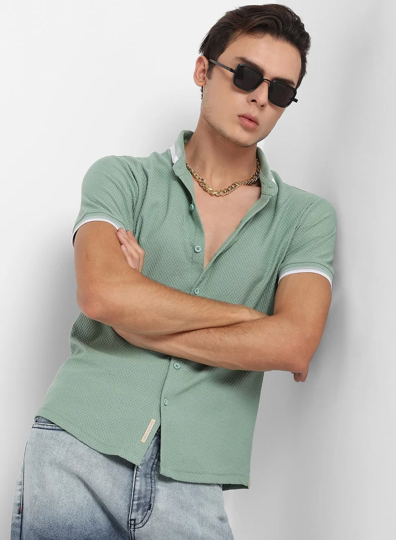 Campus Sutra Men's Sage Green Contrast Hem Shirt