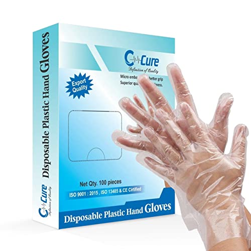 C-Cure Disposable Plastic Hand Gloves Pack of 100 Pcs | Handgloves for Cooking, Dishwashing, Hair Coloring, Cleaning | Latex-Free, Food Safe, Kitchen Gloves For Cutting Vegetables - Image 1