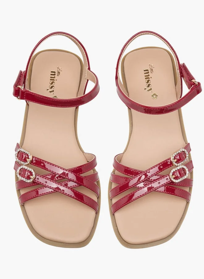 Little Missy Girls Buckle Detail Flat Sandals with Hook and Loop Closure