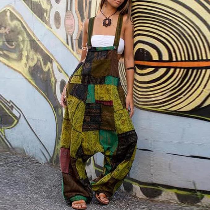2024 Women'S Hippie Stitching Ethnic Print Sleeveless Loose Harem Pocket Jumpsuit - Image 3