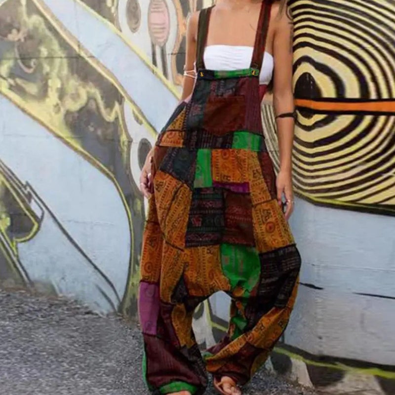 2024 Women'S Hippie Stitching Ethnic Print Sleeveless Loose Harem Pocket Jumpsuit - Image 1