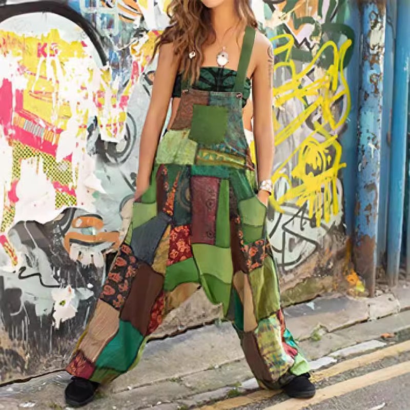 2024 Women'S Hippie Stitching Ethnic Print Sleeveless Loose Harem Pocket Jumpsuit - Image 2