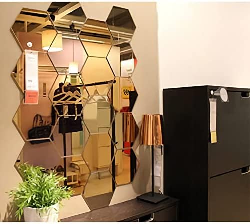 WallDaddy Plastic 3D Hexagon Mirror Wall Stickers - (Gold, 1.5 Mm, Large , Each Hexagon Size 10.5 Cm X 12.1 Cm , Pack Of 2 )(Hexagonal)Unframed - Image 2
