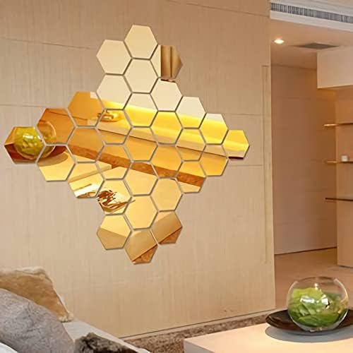 WallDaddy Plastic 3D Hexagon Mirror Wall Stickers - (Gold, 1.5 Mm, Large , Each Hexagon Size 10.5 Cm X 12.1 Cm , Pack Of 2 )(Hexagonal)Unframed - Image 5