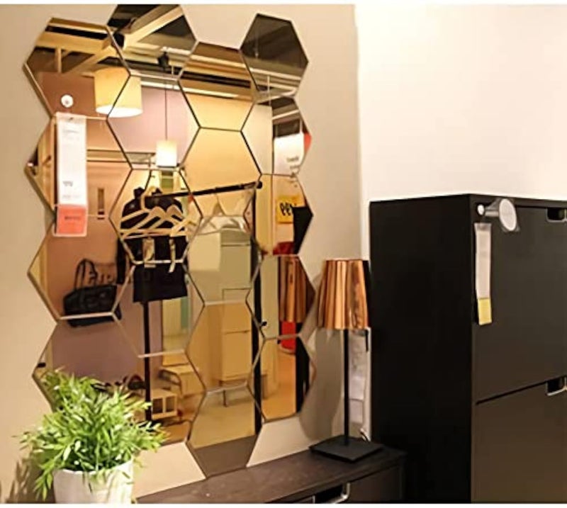 WallDaddy Plastic 3D Hexagon Mirror Wall Stickers - (Gold, 1.5 Mm, Large , Each Hexagon Size 10.5 Cm X 12.1 Cm , Pack Of 2 )(Hexagonal)Unframed - Image 1