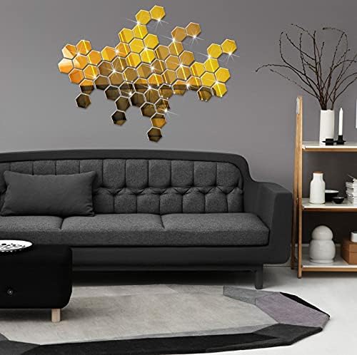WallDaddy Plastic 3D Hexagon Mirror Wall Stickers - (Gold, 1.5 Mm, Large , Each Hexagon Size 10.5 Cm X 12.1 Cm , Pack Of 2 )(Hexagonal)Unframed - Image 4