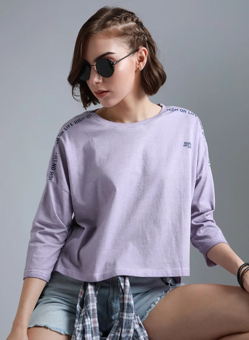 هاي ستار Boxy T-Shirt for Women - Lilac Cotton Drop-Shoulder