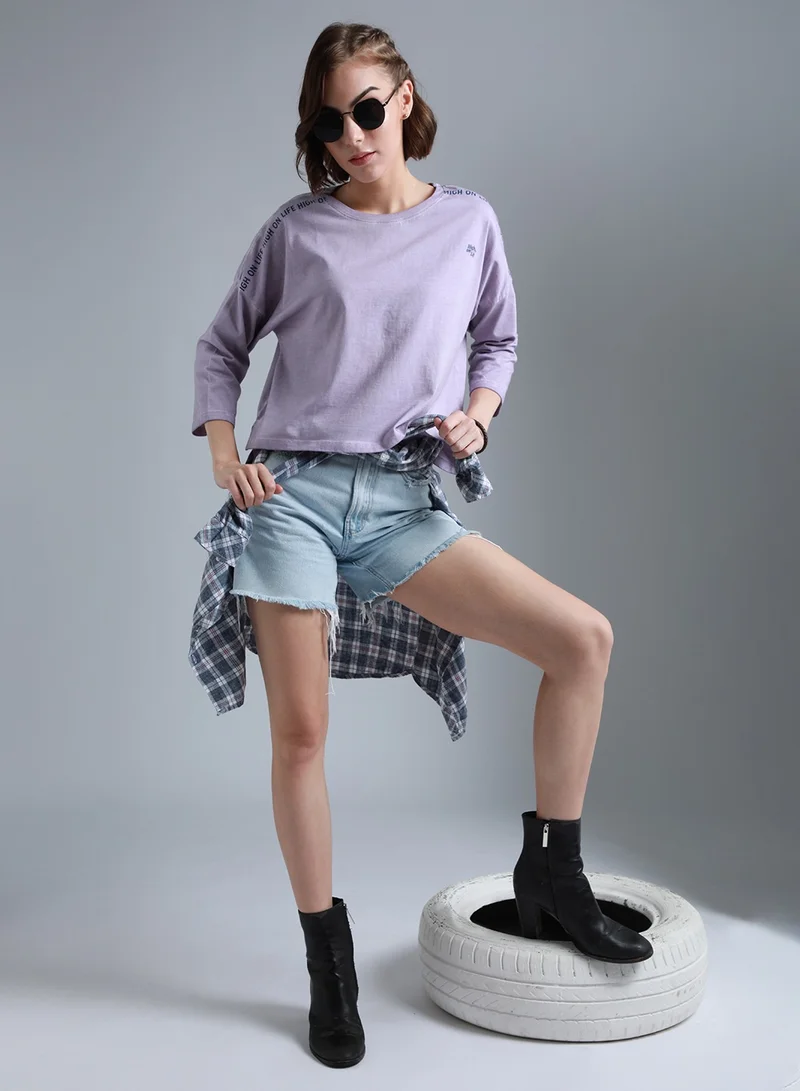 هاي ستار Boxy T-Shirt for Women - Lilac Cotton Drop-Shoulder