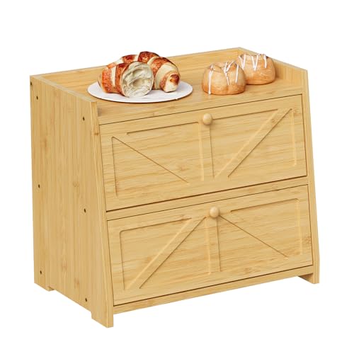 Trironsun Vintage Double Layer Bread Box for Kitchen Counter Bamboo Bread Storage Container Large Capacity Bread Storage Bin (Natural Bamboo) - Image 1