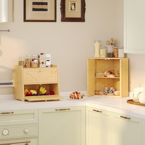 Trironsun Vintage Double Layer Bread Box for Kitchen Counter Bamboo Bread Storage Container Large Capacity Bread Storage Bin (Natural Bamboo) - Image 4