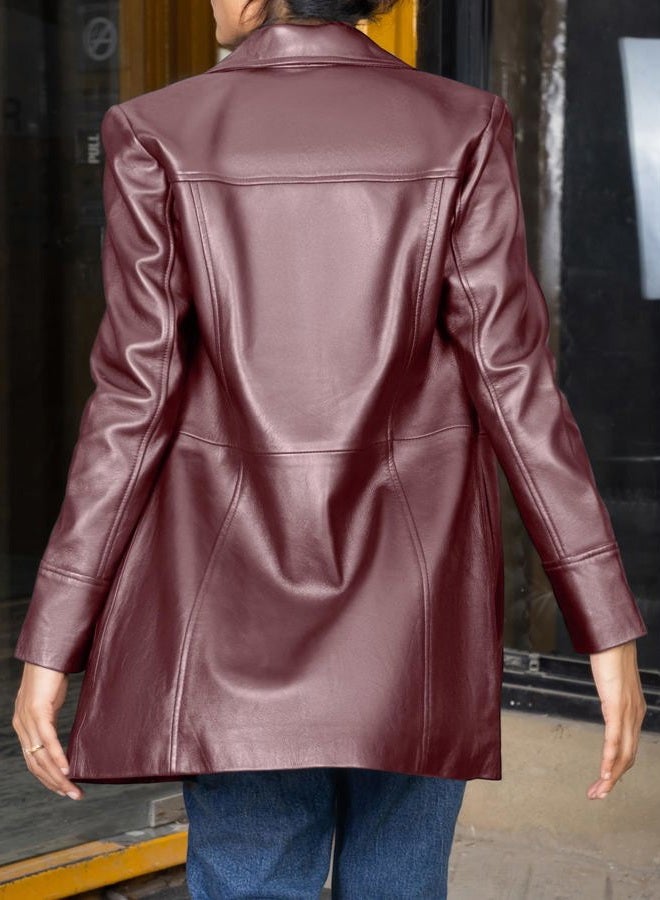 Jild Casual Car Coat Lambskin Leather Jacket Women – ¾ Length Blazer Overcoat Style Leather Long Coat Women, Burgundy, XL - Image 5