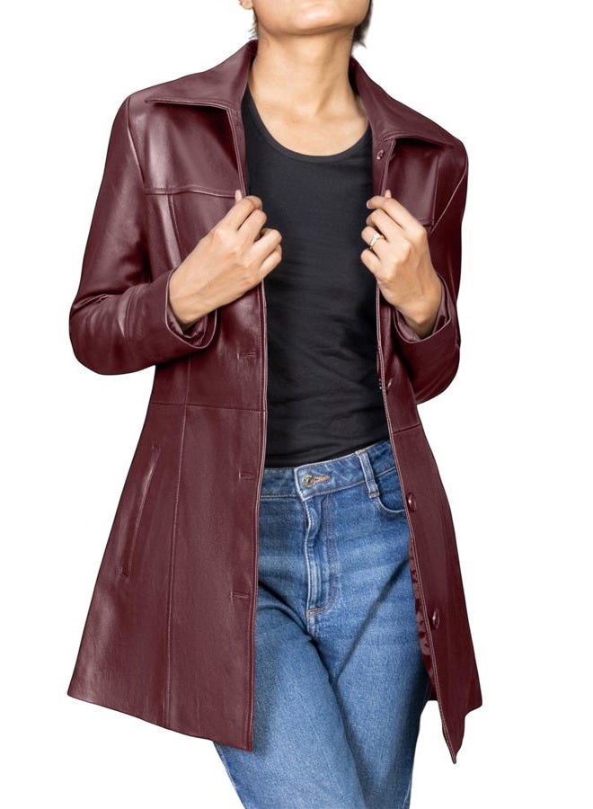 Jild Casual Car Coat Lambskin Leather Jacket Women – ¾ Length Blazer Overcoat Style Leather Long Coat Women, Burgundy, XL - Image 1