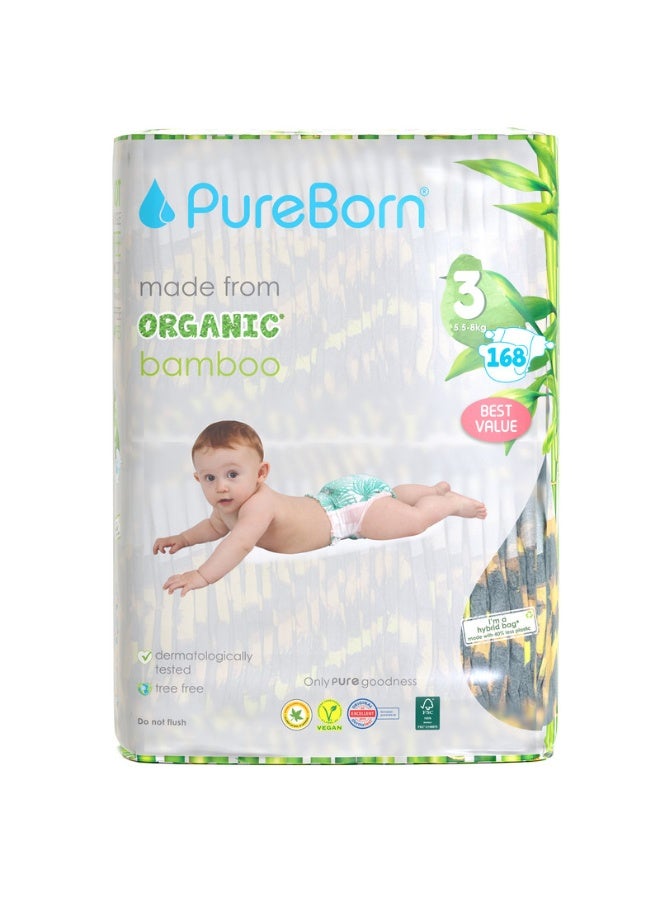 PureBorn Organic Bamboo Baby Diapers Size 3| Tape Style Diapers Hypoallergenic nappies |5.5-8 kgs| Pack of 3x56s Count 168 | Assorted Print - Image 1