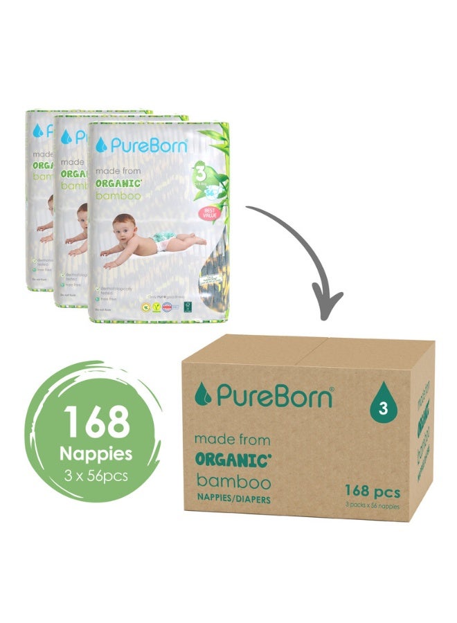 PureBorn Organic Bamboo Baby Diapers Size 3| Tape Style Diapers Hypoallergenic nappies |5.5-8 kgs| Pack of 3x56s Count 168 | Assorted Print - Image 2