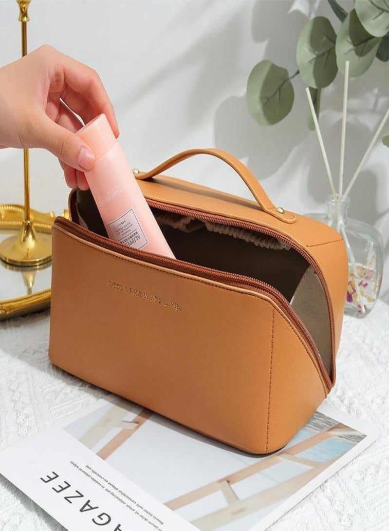 Travel Cosmetic Bag, Women's Large Capacity Cosmetic Bag, Waterproof Portable Bag Flat Cosmetic Bag, Makeup Storage Bag with Dividers and Handles (Brown) - Image 3