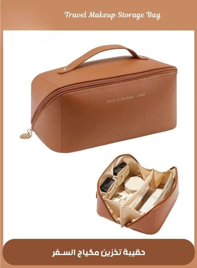 Travel Cosmetic Bag, Women's Large Capacity Cosmetic Bag, Waterproof Portable Bag Flat Cosmetic Bag, Makeup Storage Bag with Dividers and Handles (Brown) - Image 1